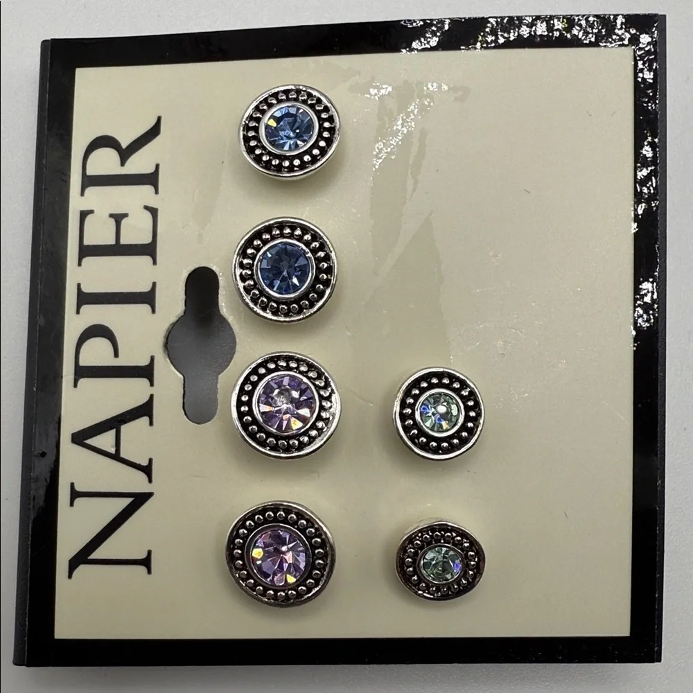 NWT Napier Silver Tone Round Stud Earrings with Colorful Simulated Crystals - Picture 3 of 3